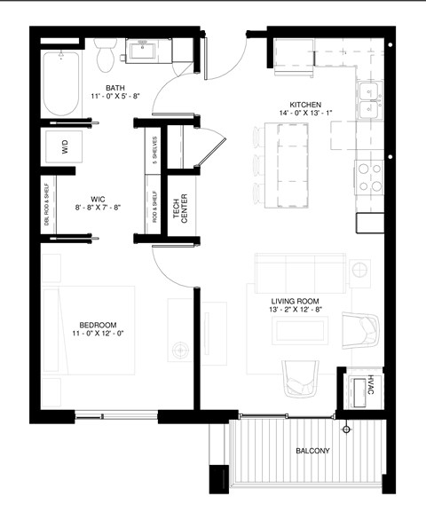 Floor plan for 1 bed, 1 bath, 715 sqft